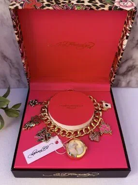 Ed Hardy | Jewelry | Ed Hardy Charm Bracelet Watch Gold Skull Heart ...